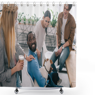 Personality  Smiling African American Businessman Sitting With Dog Surrounded By Colleagues With Paper Cups Of Coffee  Shower Curtains