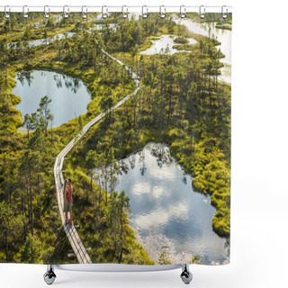 Personality  Aerial View Of Couple In Love Standing On Wooden Bridge Together Shower Curtains