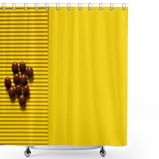 Personality  Top View Of Pile With Brown Round Shape Pills On Yellow Textured Background  Shower Curtains