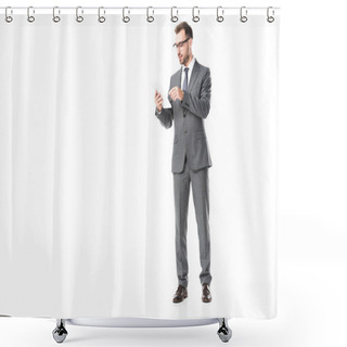 Personality  Businessman In Suit And Glasses Using Digital Tablet Isolated On White  Shower Curtains