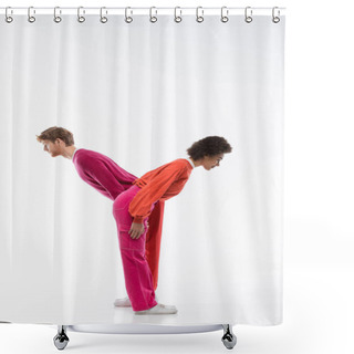 Personality  Side View Of Interracial Couple In Magenta Color Clothes Showing Y Letter On White Background  Shower Curtains