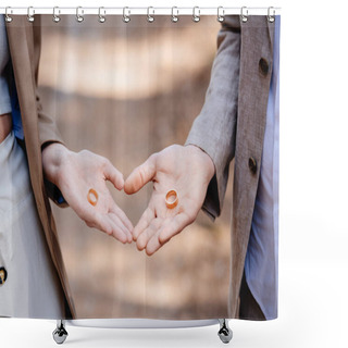 Personality  Cropped View Of Bridegroom And Groom Holding Wedding Rings Shower Curtains