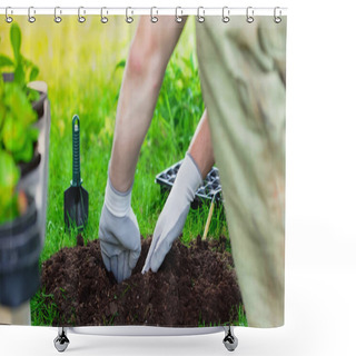 Personality  Cropped View Of Gardener Digging Soil Near Tools And Plants In Blurred Garden  Shower Curtains