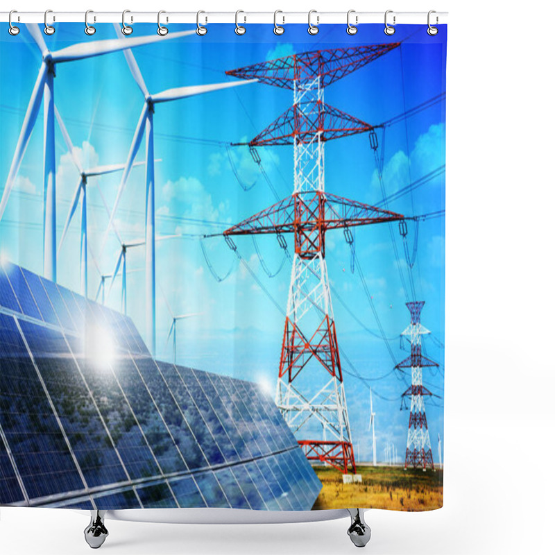 Personality  Renewable energy concept with grid connections solar panels and wind turbines shower curtains