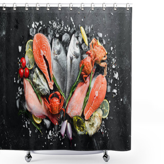 Personality  Seafood: Dorado, Salmon, Crab, Grouper, Oysters. On A Black Stone Background. Top View. Free Space For Your Text. Shower Curtains