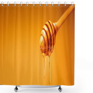 Personality  Honey Dripping From Wooden Honey Dipper Over  Yellow Background. Sweet Bee Product For Your Design With Copyspace. Shower Curtains