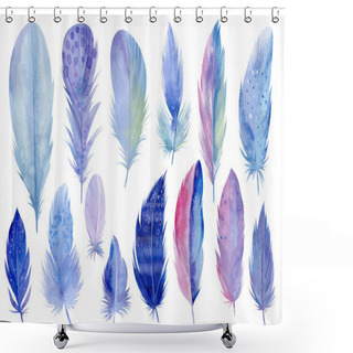 Personality  Big Colorful Set Of Bird Feathers On White Isolated Background, Watercolor Illustration, Hand Drawing Shower Curtains