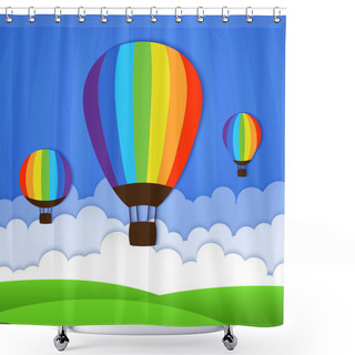 Personality  Green Landscape With Hot Air Balloons And Clouds Shower Curtains
