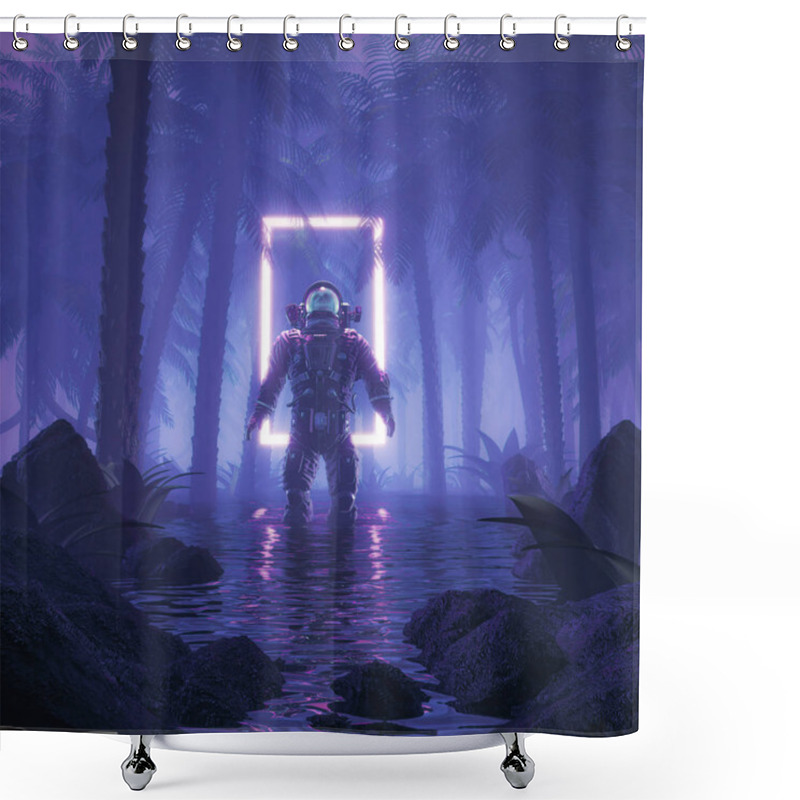 Personality  Psychedelic Jungle Astronaut / 3D Illustration Of Science Fiction Scene Showing Surreal Astronaut In Neon Lit Swampy Forest On Water Planet Shower Curtains