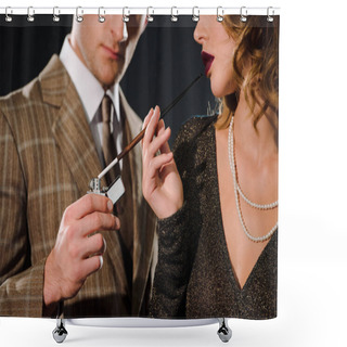 Personality  Cropped View Of Gangster Holding Lighter Near Woman With Cigarette  Shower Curtains