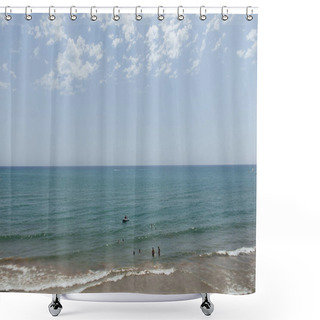 Personality  People Swimming In Sea Near Boat On Coast Of Catalonia, Spain  Shower Curtains