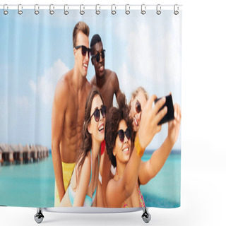 Personality  Happy Friends Taking Selfie On Summer Beach Shower Curtains