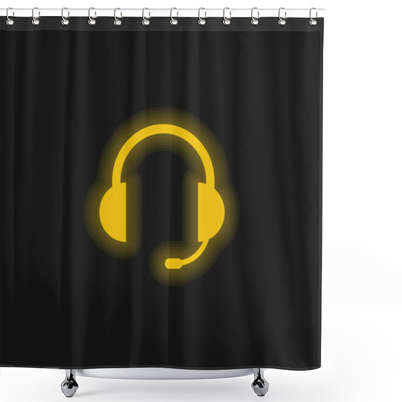 Personality  Audio Headset Of Auriculars With Microphone Included Yellow Glowing Neon Icon Shower Curtains