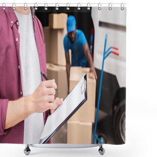 Personality  Cropped Image Of Customer Holding Clipboard Shower Curtains