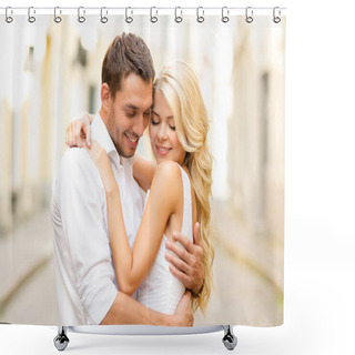 Personality  Romantic Happy Couple Hugging In The Street Shower Curtains