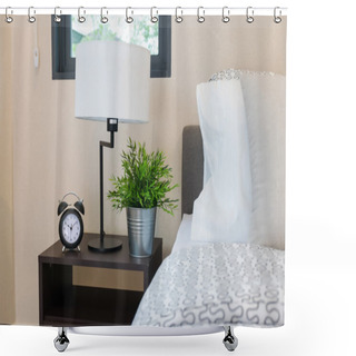 Personality  Close Up Of Bedroom With Reading Lamp And Alarm Clock Shower Curtains