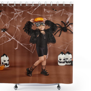 Personality  Happy Preteen Girl Holds Pumpkin On Her Head With Hands, Brown Backdrop With Spiderweb, Halloween Shower Curtains