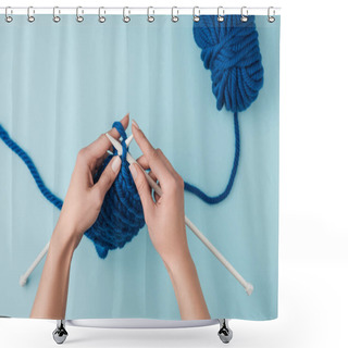 Personality  Cropped Shot Of Woman Knitting On Blue Background With Blue Yarn Shower Curtains