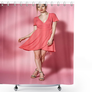 Personality  Fashionable Girl Posing In Summer Dress And Heeled Sandals On Pink Shower Curtains
