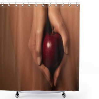 Personality  Cropped View Of Woman In Nylon Tights Holding Ripe Red Apple Isolated On Brown Shower Curtains