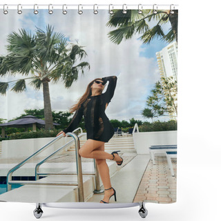 Personality  Luxury Resort, Sexy Brunette Woman With Tanned Skin In Black Knitted Dress, Sunglasses And High Heels Standing Next To Ladder Of Outdoor Swimming Pool In Miami, Hotel, Summer Getaway, Palm Trees  Shower Curtains