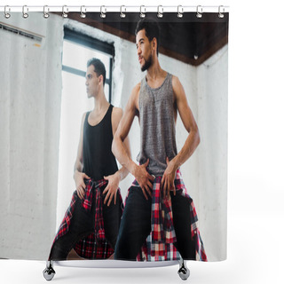 Personality  Multicultural Dancers Posing While Dancing Jazz Funk In Dance Studio  Shower Curtains