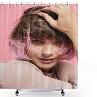 Personality  Woman With Party Makeup And Pink Hair Shower Curtains