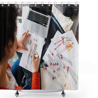 Personality  Top View Of Young Woman Sitting At The Table With Laptop Dreamil Shower Curtains