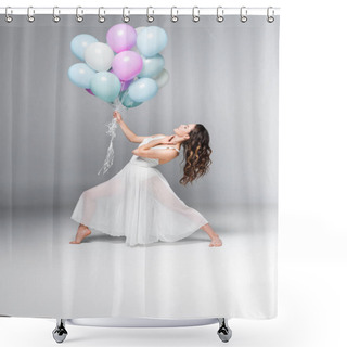 Personality  Graceful, Beautiful Ballerina Dancing With Festive Balloons On Grey Background Shower Curtains