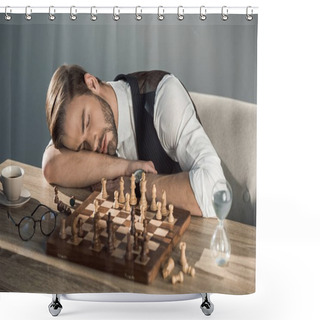 Personality  Handsome Young Businessman Sleeping On Table With Chess Board Shower Curtains