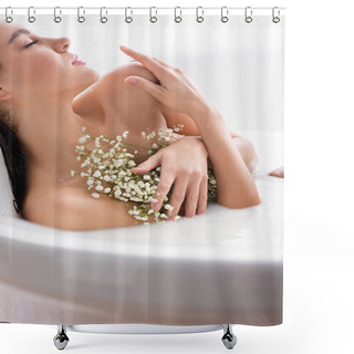 Personality  Sensual Woman Touching Shoulder And Holding White, Tiny Flowers While Bathing In Milk Shower Curtains