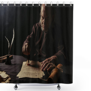 Personality  Ancient Monk Stamping Manuscript With Wax Seal Near Rolled Parchment Isolated On Black Shower Curtains