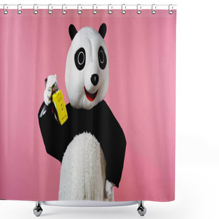 Personality  Person In Happy Panda Bear Costume Dancing With Boombox Isolated On Pink Shower Curtains