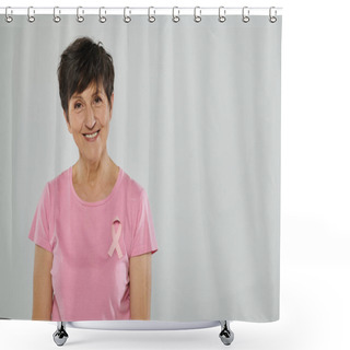 Personality  Breast Cancer Awareness, Happy Middle Aged Woman With Pink Ribbon, Grey Backdrop, Portrait Shower Curtains