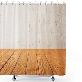 Personality  Orange Wooden Tabletop And White Wall With Bricks Shower Curtains