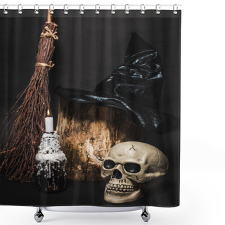 Personality  Broom Near Skull And Wooden Stump With Witch Hat On Black  Shower Curtains