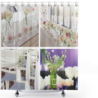 Personality  Collage Set Of Flower Wedding Decoration. Pink An White Roses, Peony And Ranunculus Flowers.  Shower Curtains
