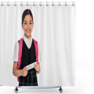 Personality  Digital Age, Happy Schoolgirl With Backpack Holding Smartphone Isolated On White, Student In Uniform Shower Curtains