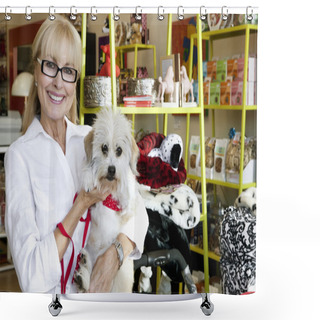 Personality  Portrait Of A Happy Senior Woman Carrying Dog In Pet Shop Shower Curtains