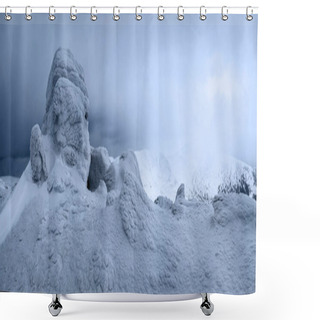 Personality  At The High Mountains There Are Fantastic, Interesting, Frozen Structured Rocks Looking Like Mystical Fairytale Figures. The Panoramic View With The Fog, High Peaks In Snow, Adventure Mood In The Winter Day. Shower Curtains