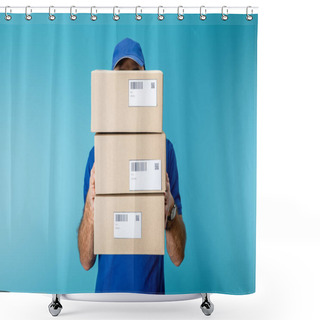 Personality  Delivery Man Holding Cardboard Packages With Qr Codes And Barcodes Isolated On Blue Shower Curtains