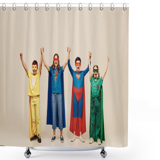 Personality  Happy Interracial Kids In Colorful Superhero Costumes With Cloaks And Masks Raising And Holding Hands And Looking At Camera On Grey Background In Studio, International Child Protection Day Concept  Shower Curtains