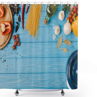 Personality  Top View Of Ingredients For Cooking Pasta On Blue Table Shower Curtains