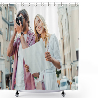 Personality  Portrait Of Tourists With Map And Photo Camera On City Street Shower Curtains