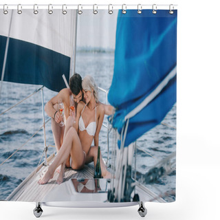Personality  Young Couple In Swimwear Relaxing With Champagne Glasses On Yacht  Shower Curtains