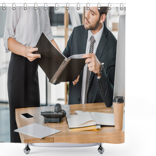 Personality  Cropped Image Of Businesswoman Showing Folder With Documents To Businessman In Office Shower Curtains