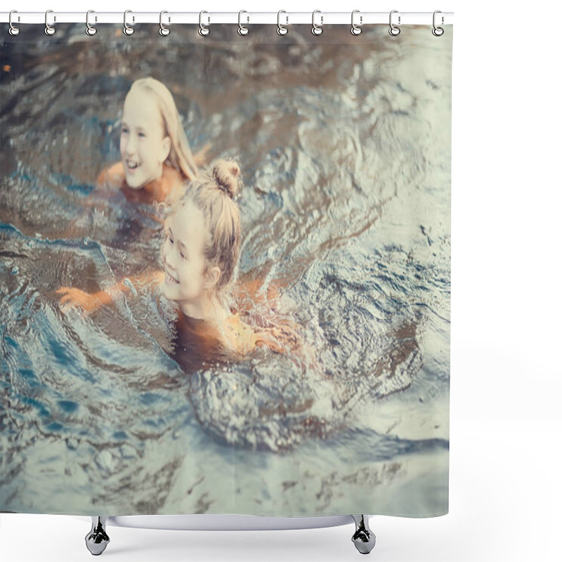Personality  Cute Little Girls Swimming In Pond Shower Curtains