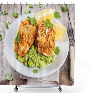 Personality  Baked Cod Fish In Breadcrumbs With Mashed Green Peas And Broccoli Shower Curtains