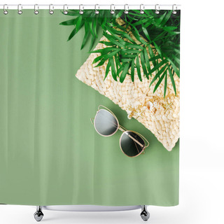 Personality  Tropical Leaves And Beach Bag With Sunglasses On Green Background. Top View, Flat Lay. Shower Curtains