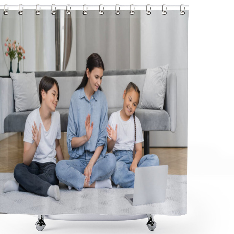 Personality  Smiling Asian Kids And Parent Having Video Call On Laptop At Home  Shower Curtains